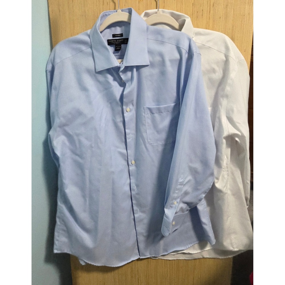 Lot‎ of 2 Pronto Uomo Non-Iron Dress Shirts Mens 17.5 32/33 Blue White Cotton